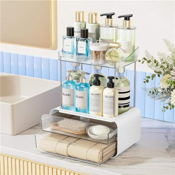 Clear Acrylic Makeup Organizer 2 Tier Vanity Drawer Skincare Storage - Picture 1 of 7